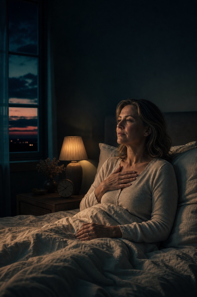 Woman lying awake in bed at midnight